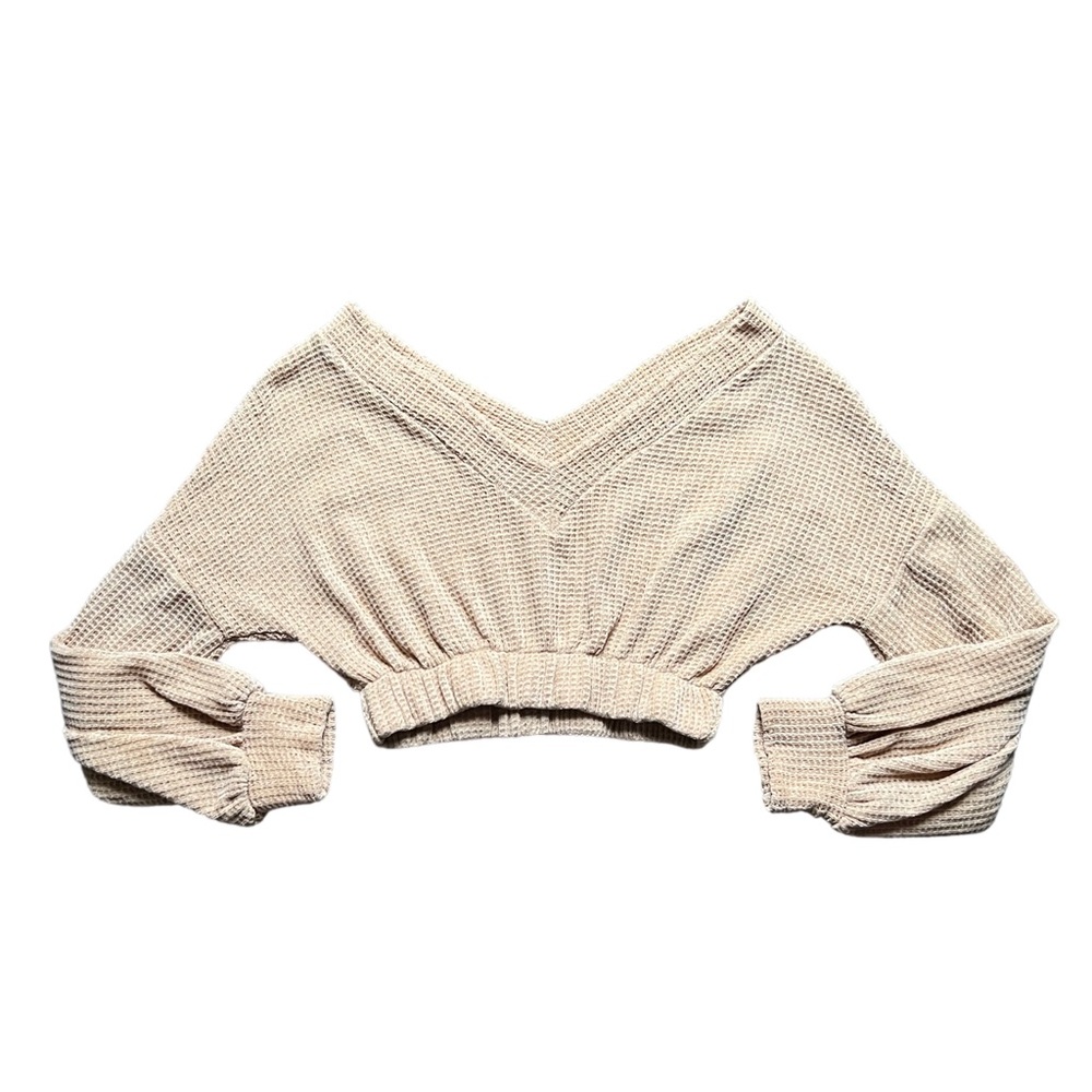 Cream Off The Shoulder Cropped Long Sleeve Sweater